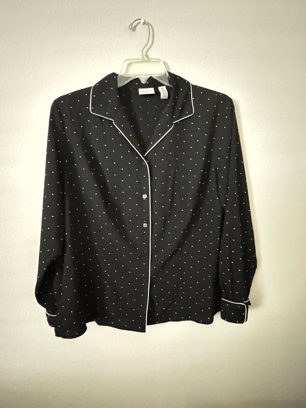 Covington Black Blouse with White Dot Print and Contrast Piping